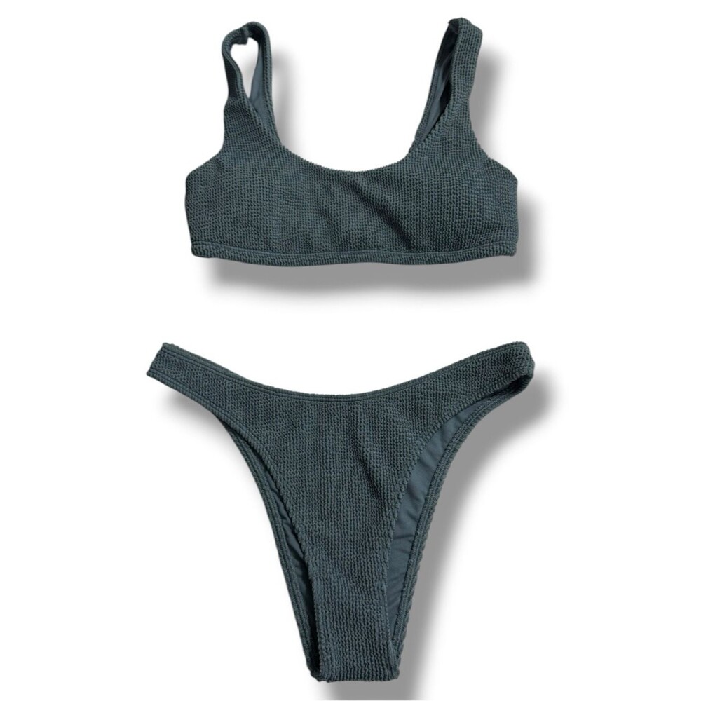 Hollister Bikini Set Womens Medium Teal Crinkle Textured Smocked Two Piece Swim
